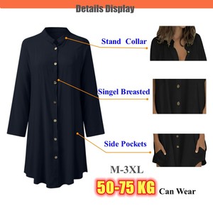 Mulheres Single Breasted Camisa Vestido Sólido Stand Collar Pocket Dresses Manga Longa Lady Summer Beach Cover up Dress - Product Image 4