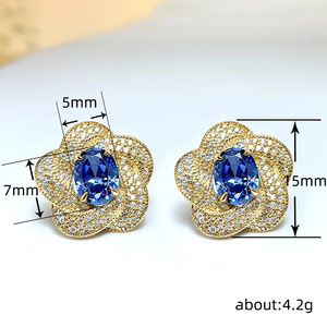 Orecchini a Perno con Pietra Blu Ovale Stile Fiore per Donne, Gioielli Vintage alla Moda - Product Image 4