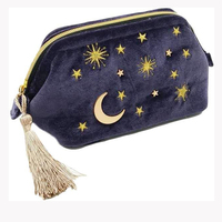 Trousse de maquillage personnalisée, sac cosmétique en velours brodé d'étoiles de lune avec glands, pochette de maquillage étoilée à fermeture éclair avec deux poches intérieures