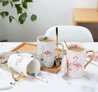 Tasse à café en céramique à motif marbré, tasse flamant rose avec poignée dorée, couvercle et cuillère