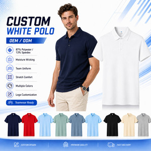 เสื้อกอล์ฟสีขาวแบบกำหนดเองสำหรับผู้ชาย แขนสั้น ลายเรียบ ระบายอากาศได้ดี ผลิตจากโพลีเอสเตอร์ผสมสแปนเด็กซ์ ซับเหงื่อ แห้งไว เหมาะสำหรับเป็นชุดทีม - Product Image 1