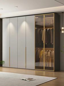 Armoire moderne durable avec porte <span class=keywords><strong>en</strong></span> verre mélaminé et éclairage intégré, facile à assembler pour chambre principale - Product Image 2