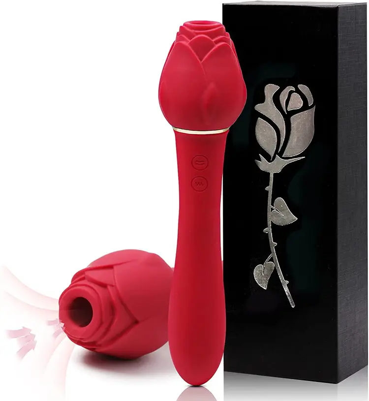 2 In 1 Rose Shaped Long Colorful Black Red Pink Clitoral Vagina Suction Sucking Vibrating Sex Toy Dildo Rose Vibrator For Woman