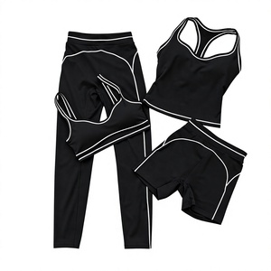 Ensemble de yoga noir sans coutures avec bordure contrastante blanche, short respirant en spandex taille mi-haute et brassière de sport dos nageur, tenue d'entraînement deux pièces - Product Image 2