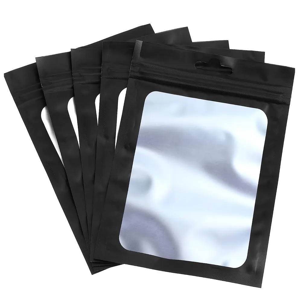 Embalagem plástica Mylar folha ziplock com janela transparente para presentes, sacolas pretas Mylar 8x13 cm, embalagem para doces, café e alimentos