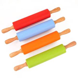 Non-stick food-grade eco-friendly silicone mat with wooden handle, pastry dough roller, kitchen cooking and <b>baking</b> tool - Product Image 5