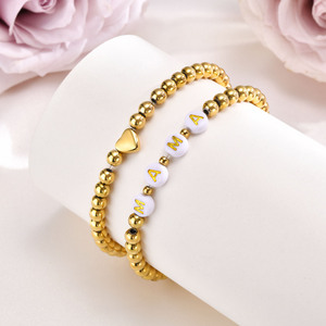 18K Gold Stainless Steel Bead Heart Charm Acrylic MAMA Flat Bead Two-Piece Bracelet <b>Set</b> Trendy Women Fashion Gift - Product Image 2