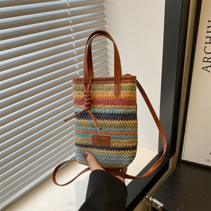 Color-Blocked <b>Woven</b> <b>Bag</b> For Women New Arrival Trendy Fashion <b>Straw</b> Phone <b>Bag</b> Korean-Style Niche Minimalist Crossbody <b>Bag</b> Female - Product Image 1