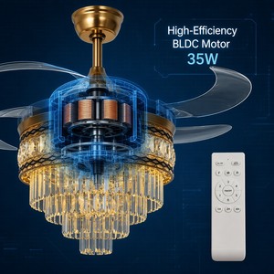 Gold Crystal Invisible Ceiling Fan with 3-Color Dimmable Light - Super Quiet 6-Speed Reversible Fan for Living Room and Bedroom - Product Image 5