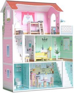 Fabricants de maisons de poupée en bois rose à trois étages pour grands enfants vente à chaud - Product Image 3