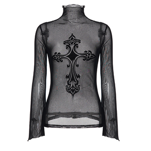Camiseta de malla transparente de manga larga con cuello simulado para mujer, estampado cruzado, ajuste ceñido, sexy y pura etereidad - Product Image 6