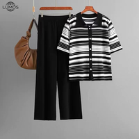 Lumos Sommer Zweiteiliges Strick-Set für Damen - Gestreifter Polo-Kragen Kurzarm-Cardigan + Weit Geschnittene Hose