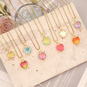 MECYLIFE Multi-color Gradient Heart Pendant Necklace Fusion Stone Jewelry Stainless Steel Chain Necklace