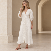 Dropshipping French Resort Chic Vintage Elégant Coton Lin Col V Manches Bouffantes Robes Courtes Femmes Chemise Ample Robe Dames