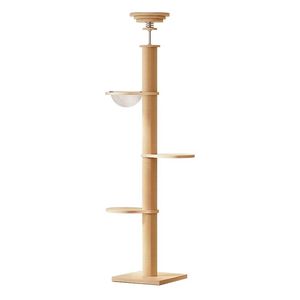 Torre Tiragraffi Regolabile in Legno Massello da Terra a Soffitto per Gatti da Interno - Product Image 1