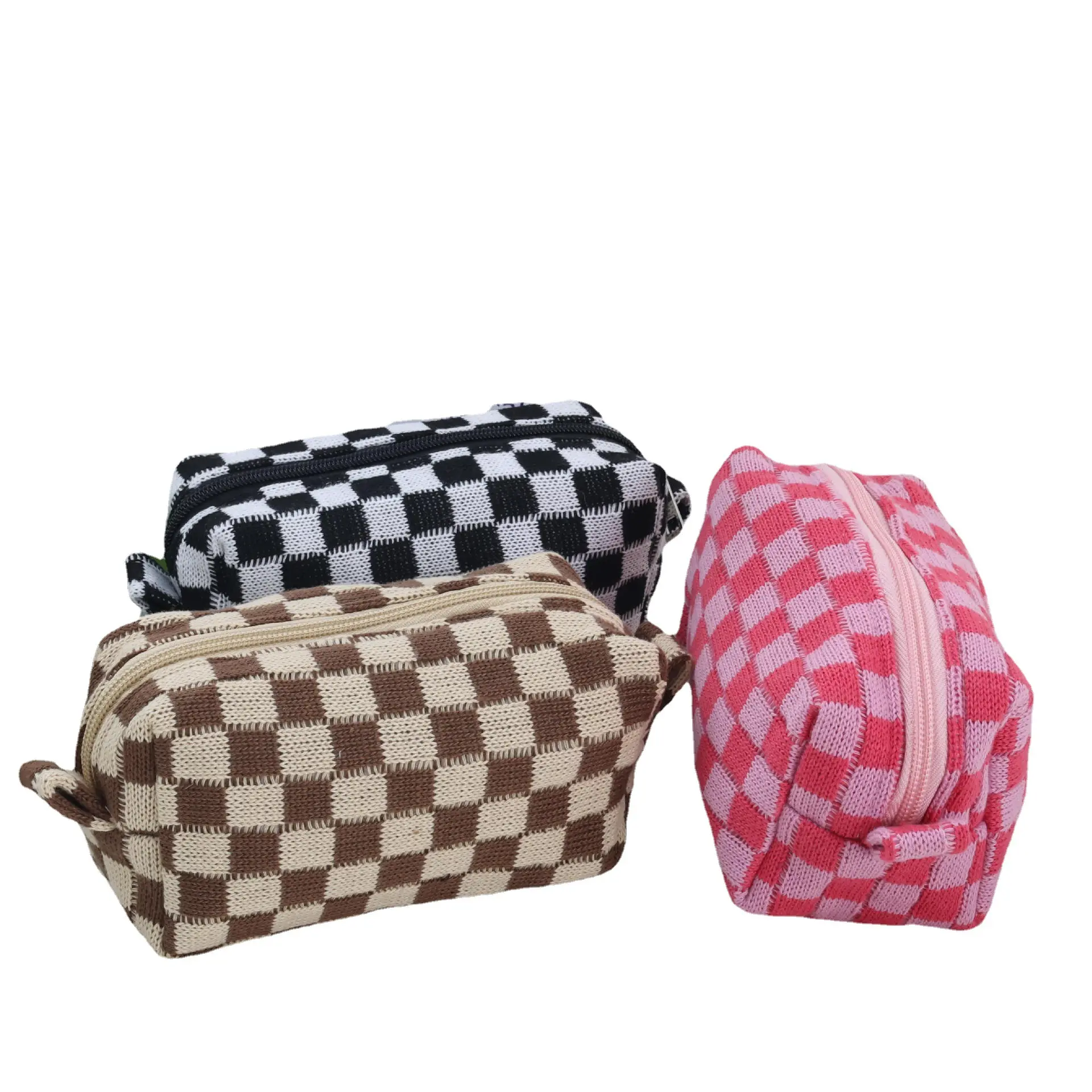 Popular Checkerboard Makeup Bag Knitted Color Counter Storage Bag Portable Large Capacity Wool Cosmetic Bag