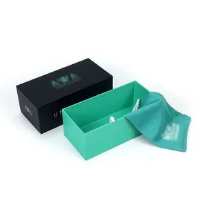 Caja de lujo con logotipo personalizado para gafas de sol, protector de labios con bolsa de terciopelo suave, color azul, venta al por mayor