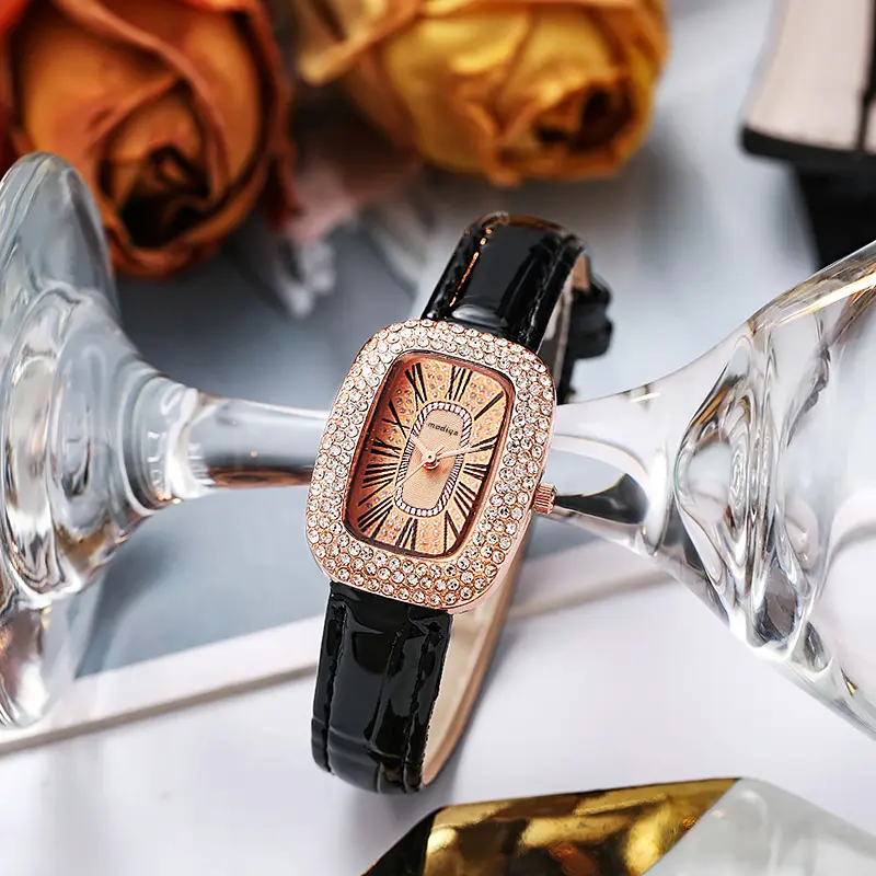 Cheap Price Women Diamond Square Dial Bracelet Watches Set Ladies Leather Band Quartz Wristwatch Female Clock Zegarek Damski