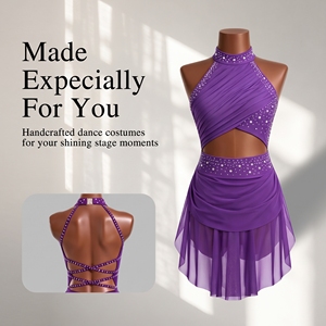 Robe de danse lyrique violette à strass, jupe asymétrique en maille, tenue de performance pour concours, costume de danse moderne jazz découpé - Product Image 1
