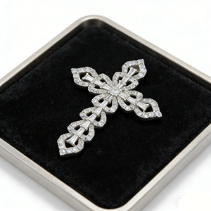 CUSTOM SILVER 10K/14K/18K GOLD PLATED LAB GROWN CVD DIAMOND CLASSIC ENGAGEMENT GIFT SWEATER <b>CHAIN</b> NECKLACE <b>CROSS</b> PENDANT - Product Image 3