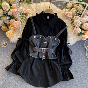 Venta al por mayor <span class=keywords><strong>de</strong></span> blusa <span class=keywords><strong>de</strong></span> <span class=keywords><strong>moda</strong></span> <span class=keywords><strong>de</strong></span> talla grande ropa <span class=keywords><strong>de</strong></span> mujer nueva manga <span class=keywords><strong>de</strong></span> burbuja <span class=keywords><strong>de</strong></span> mezclilla correa <span class=keywords><strong>de</strong></span> dos piezas conjunto superior - Product Image 6
