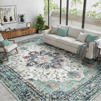 Grand tapis persan vieilli style médaillon, bleu sarcelle aqua, à poils ras et franges, pour salon