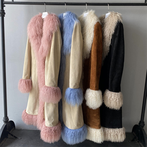 Gabardina larga de piel de oveja auténtica, esponjosa, colores personalizados, Cuello de piel de cordero de Mongolia de lujo, puños, chaqueta de cuero de gamuza auténtica para mujer - Product Image 3