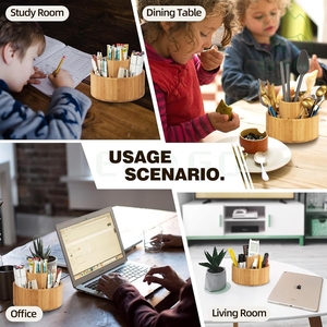 Bamboo Wood 360° Rotating Desktop Divider Office Storage Organizer Round Double-Layer Pen Holder with Non-slip Mat - Product Image 4