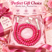 Kabel Charger HP 4 in 1 Hot Pink Berhias Rhinestone dan Manik-manik, USB Type C, Kabel Multi Charging, Kabel Transfer Data Kristal