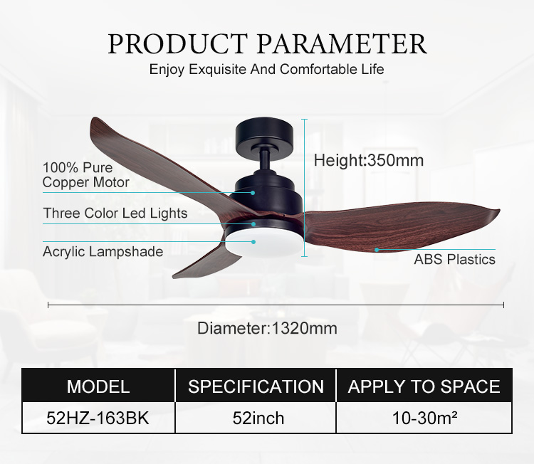 ceiling fan wooden grain  LED light fan 52 46 36 inch 3 blade Remote Control for Home DC Motor Tuya App Control