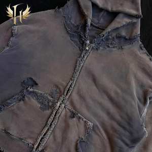 Personnalisé 500 GSM 100% Coton Éponge Française Poids Lourd Soleil Décoloration Acide Lavé Pierre Destoryed Lavage Zip up Hommes Unisexe Hoodies - Product Image 6