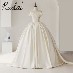 Ruolai ZD05150 Satén festoneado Escote asimétrico Vestido de baile Vestido de novia <span class=keywords><strong>civil</strong></span> para novia con tren Catedral - Product Image 1