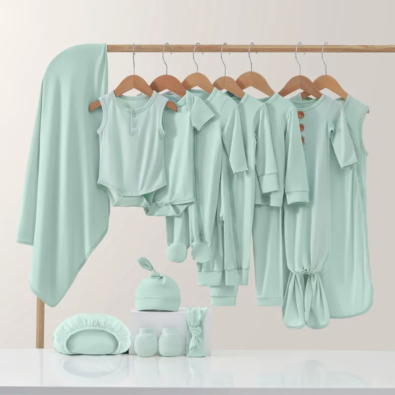Benutzer definierte GOTS Bio Bambus Sommer Baby Geschenkset Neugeborene Pyjamas Bodysuit Baby Stram pler Kleidung