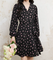 CHIU SHUI Robe élégante à pois pour femme, col à volants, manches longues, en mousseline de soie, longueur midi, style vintage