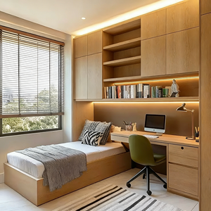 Armoire en bois moderne personnalisée BALOM avec bureau, meubles de chambre à coucher multifonctionnels avec étagères ouvertes, design gain de place, armoire - Product Image 1