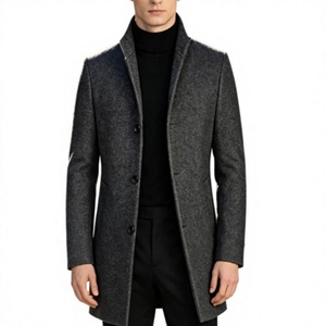<b>Men's</b> Single Breasted Wool <b>Overcoat</b> Notched Lapel Long Thick Slim Fit <b>Black</b> Trench Outerwear Regular Sleeve Woven Fabric - Product Image 1