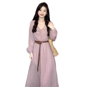 French Style V Neck Long Sleeve Empire Waist Dress Raspberry Pink Casual Vacation Wear - Product Image 5