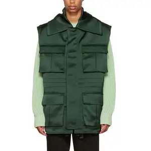 DOVEN OEM Custom Multiple Pockets Design Spread Collar Sleeveless Zipper Rounded Hem Green Polyester Bonded Satin Vest