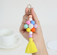 Porte-clés personnalisable en perles de silicone avec pompon, motif tournesol, vache, léopard, pendentif de sac en perles de silicone, pendentif de sac