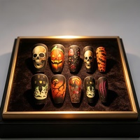 24 Stück Halloween Aufklebenägel Orange Lila Schwarz Geister Kürbis Fledermaus Design Acryl Künstliche Nägel Wiederverwendbare Nägel für Frauen Party