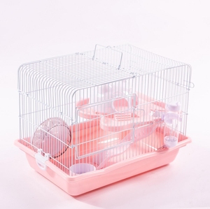 Jaula para mascotas pequeñas con bandeja de plástico y ruedas para hámsters, marco de alambre blanco, base rosa, uso interior duradero - Product Image 2