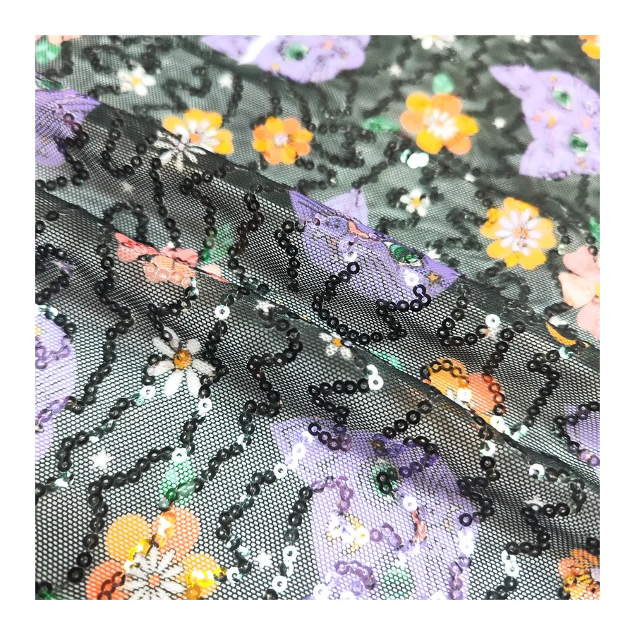 Harga yang baik kustom dicetak payet bunga elastis spandeks hitam mesh cetak kain untuk payet gaun