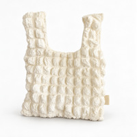 Mini sac fourre-tout en tissu texturé avec poignée nouée, pliable, léger, motif quadrillé, simple couche, pour femme, pour le quotidien
