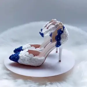 Zapatos de boda stiletto de encaje a juego para mujer, color azul y blanco de porcelana, 9 cm, S703F
