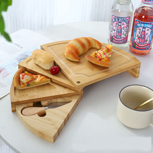 Bamboo Cheeseboard Set Round Rotatable With <b>Knife</b> Steak <b>Bread</b> Fruit Dessert Plates Portable Foldable Non Slip Antibacterial - Product Image 2