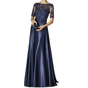 Eleganti Appliques in pizzo manica corta blu Navy abbigliamento formale, abiti lunghi per la madre della sposa matura