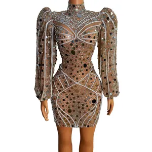 Дизайнерское пикантное прозрачное вечернее платье с зеркальными блестками для дня рождения, женское платье с пышными рукавами для свадебной вечеринки для женщин