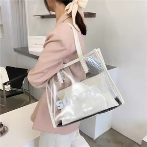 Sac fourre-tout shopping transparent en PVC avec logo personnalisé de luxe pour femmes en cuir PU noir beige avec poignée - Product Image 1