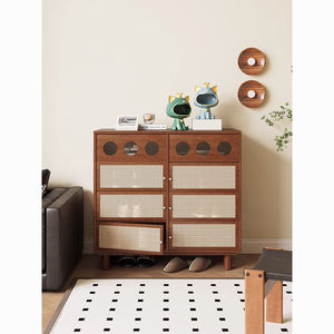 Retro Solid Wood Shoe Cabinet With Rattan <b>Drawers</b> Double Doors Entryway Storage For <b>Small</b> Homes - Product Image 5