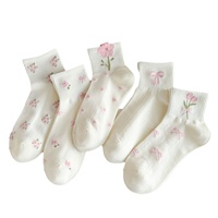 Chaussettes courtes pour femme, blanches à motif floral, avec nœud, style Instagram, respirantes, invisibles, en coton, à aiguille simple